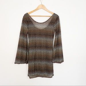 Free People Dress Flare Sleeve Mesh Brown Metallic Sz S Y2K